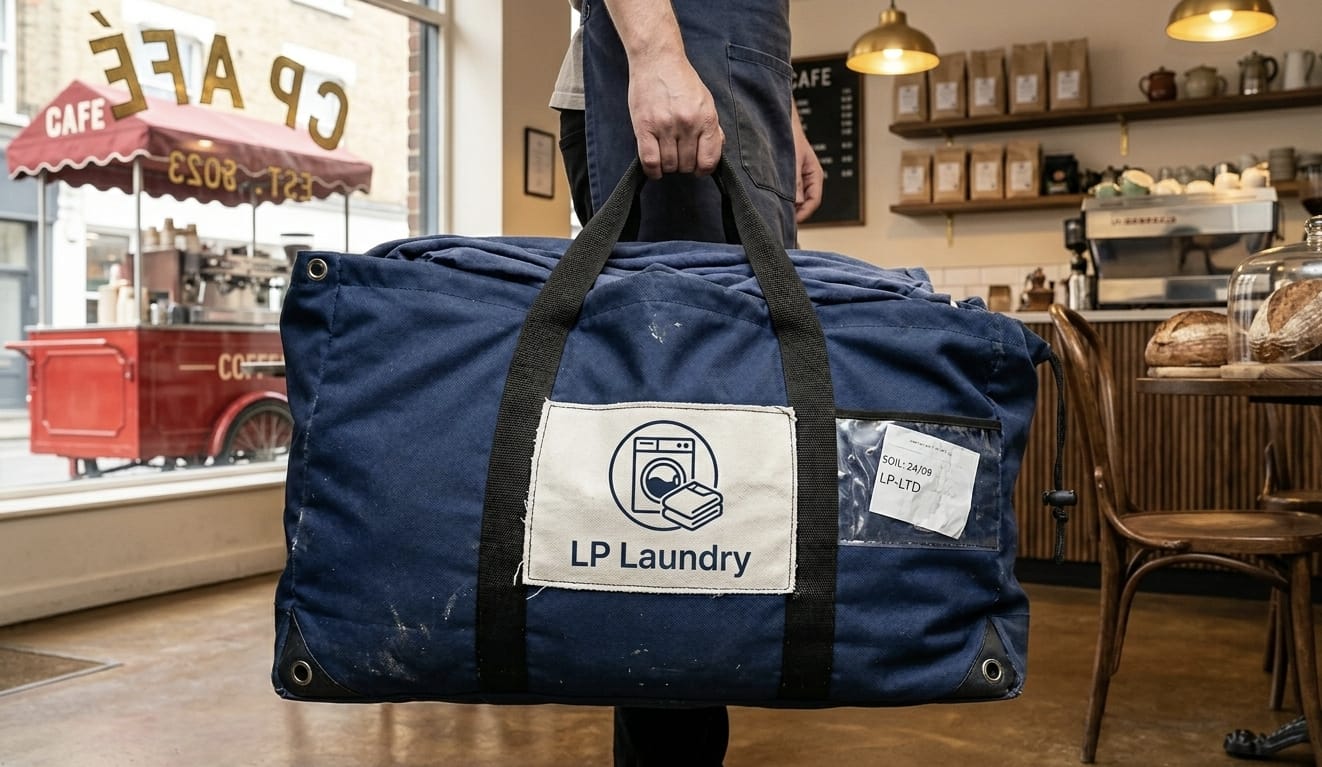 An LP Laundry wash-and-fold bag collected from a London cafe