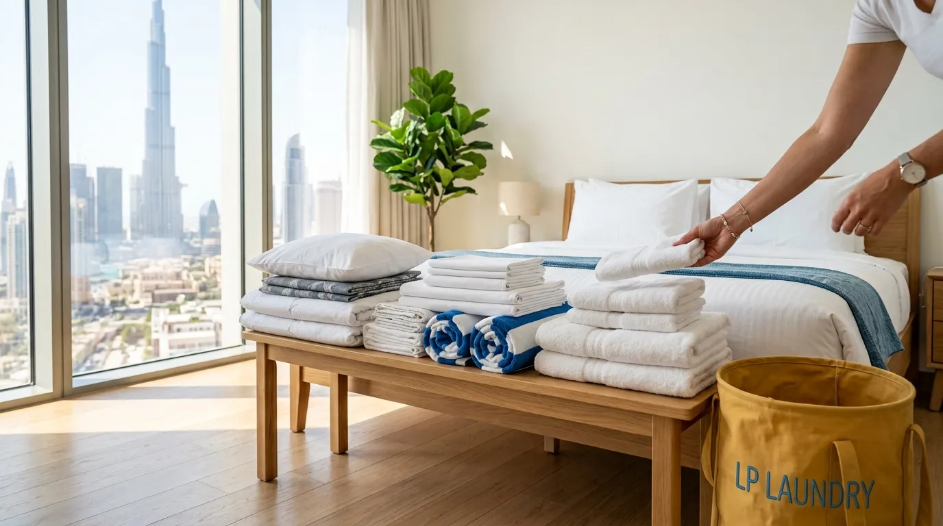 Fresh sheets, pillows and pool towels laid out in a Dubai holiday apartment, next to an LP Laundry bag