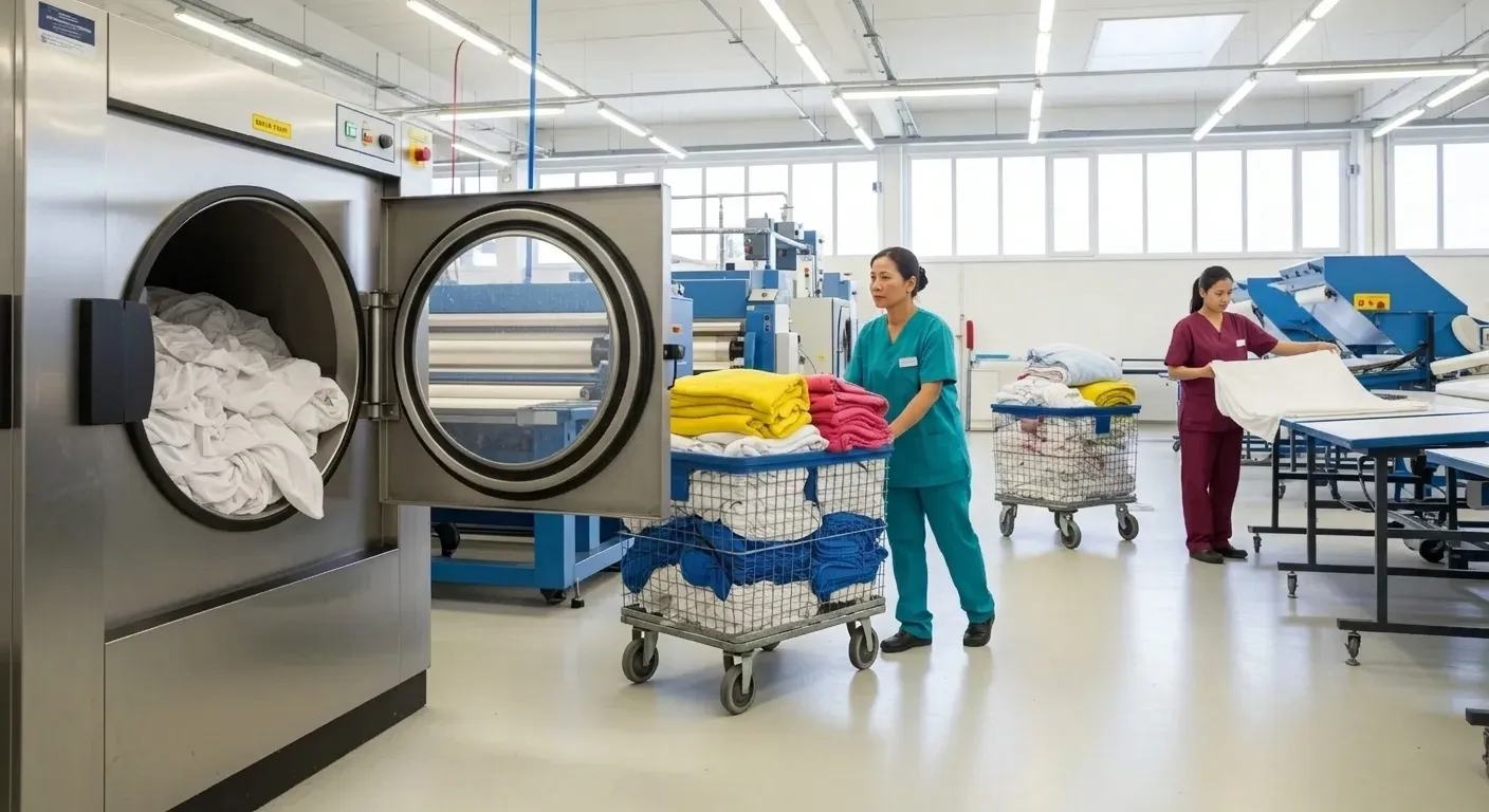 Towels and bed linen being washed and folded in our laundry plant