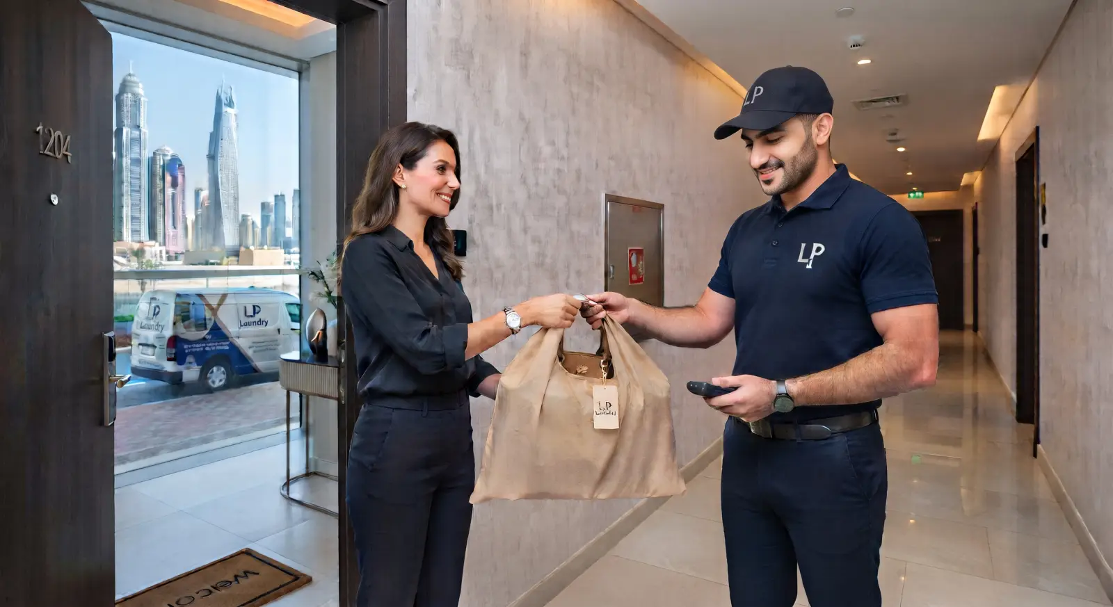 A customer handing a handbag in its dust bag to our driver at an apartment door