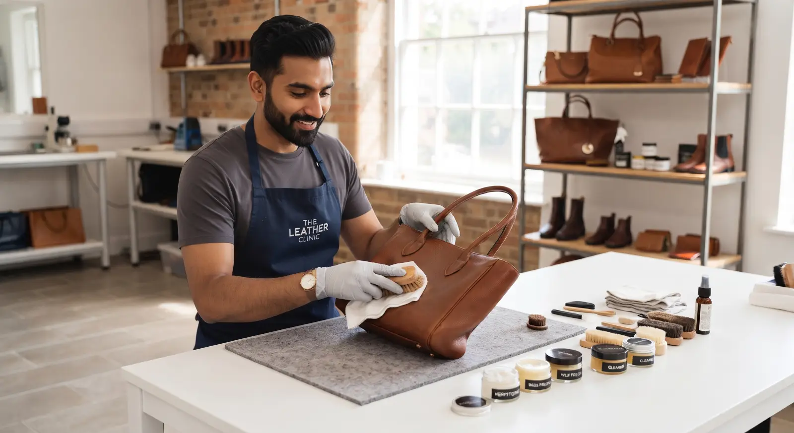 A team member cleaning a leather handbag by hand, with leather conditioners on the table