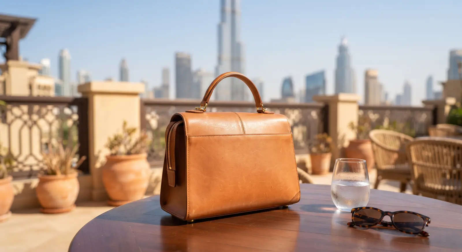 A leather handbag on a sunny terrace table with the Dubai skyline behind