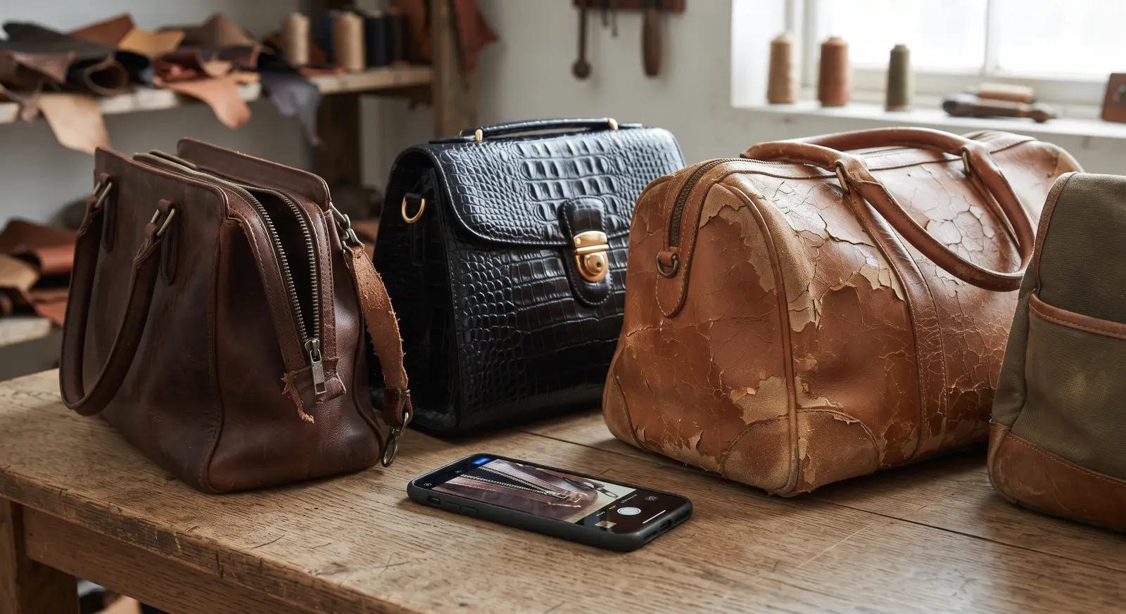 Bags to check first: a worn leather bag, a croc-texture bag and a cracked holdall, with a phone for a photo