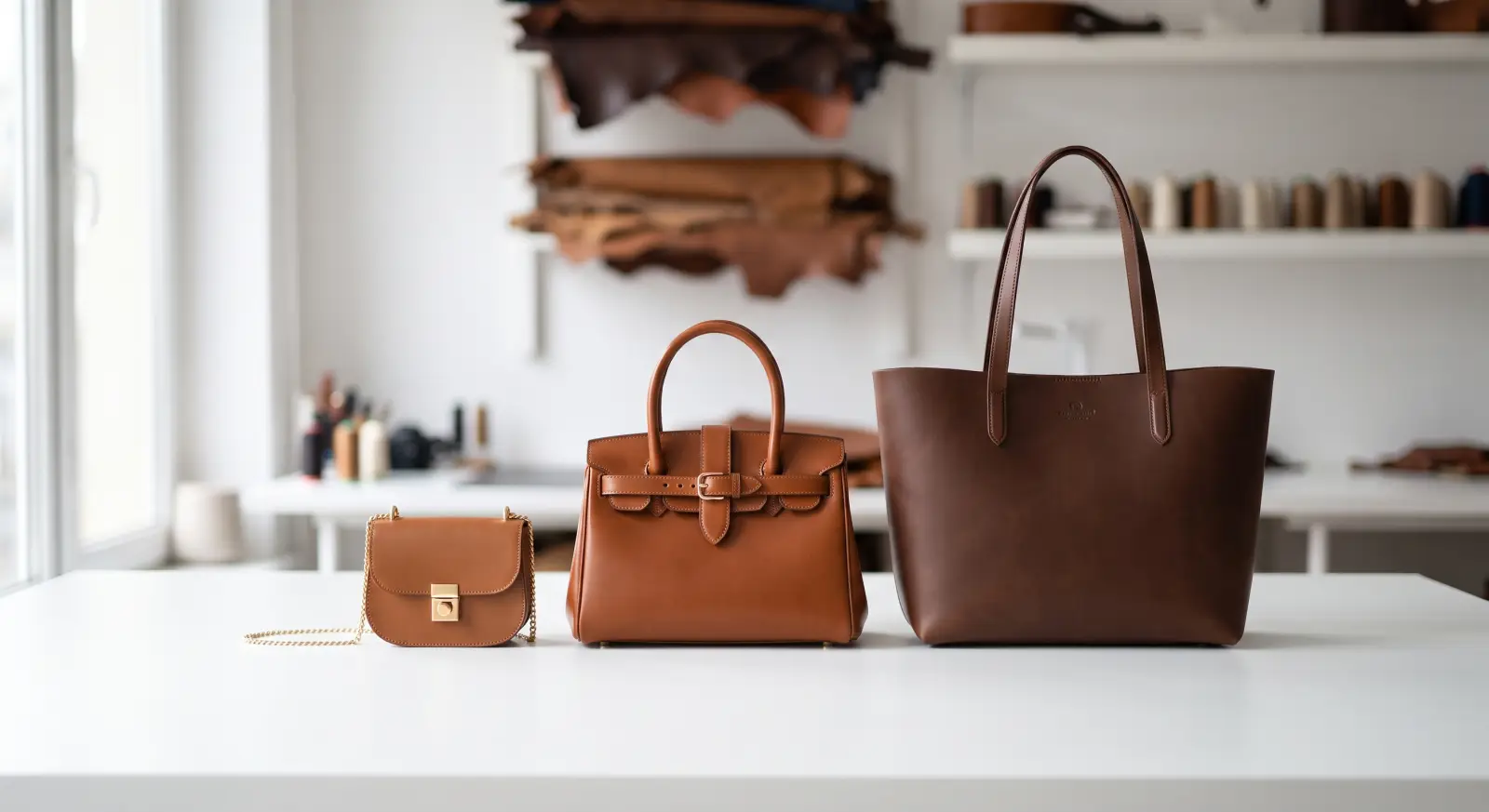 Three clean leather handbags, small, medium and large, on a workshop table