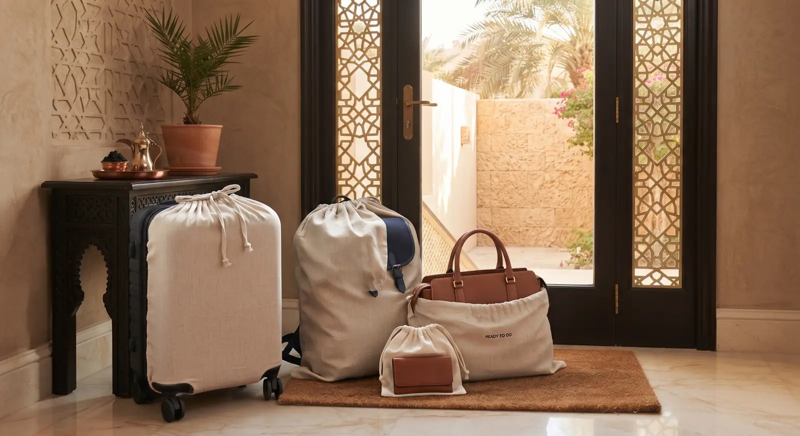 A suitcase, a handbag and other bags in dust bags, ready by the front door