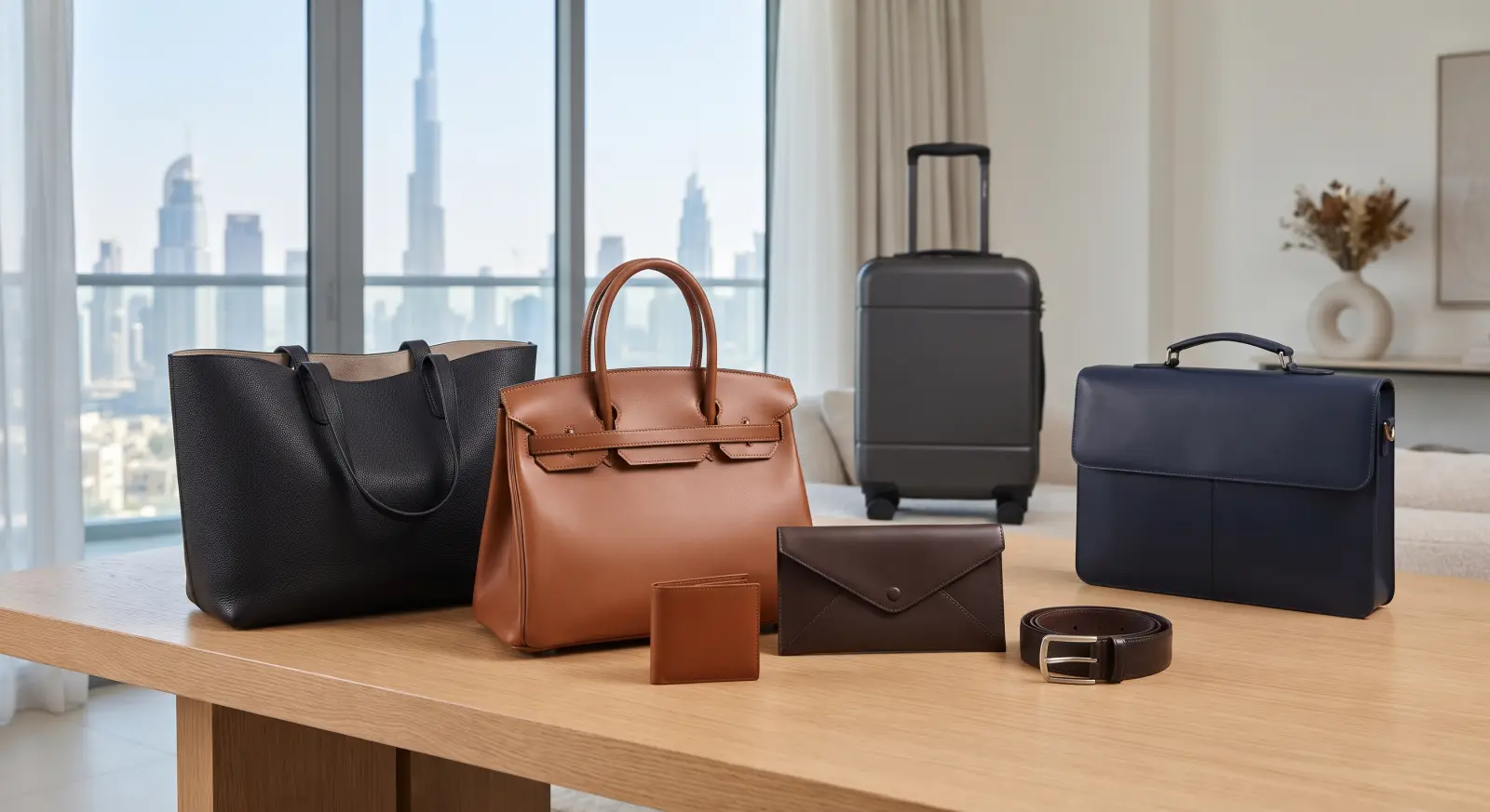 Handbags, a tote, a wallet, a belt, a work bag and a cabin case on a table in a Dubai apartment