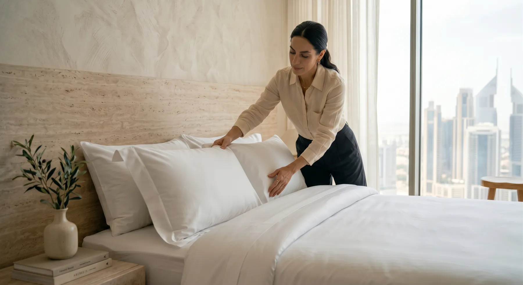 Fresh folded sheets and towels ready for a Mudon home