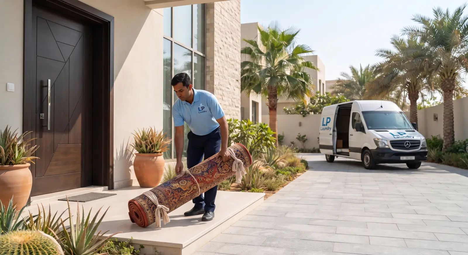 Our driver picking up a rolled, tied rug from a villa doorstep, with the van on the driveway
