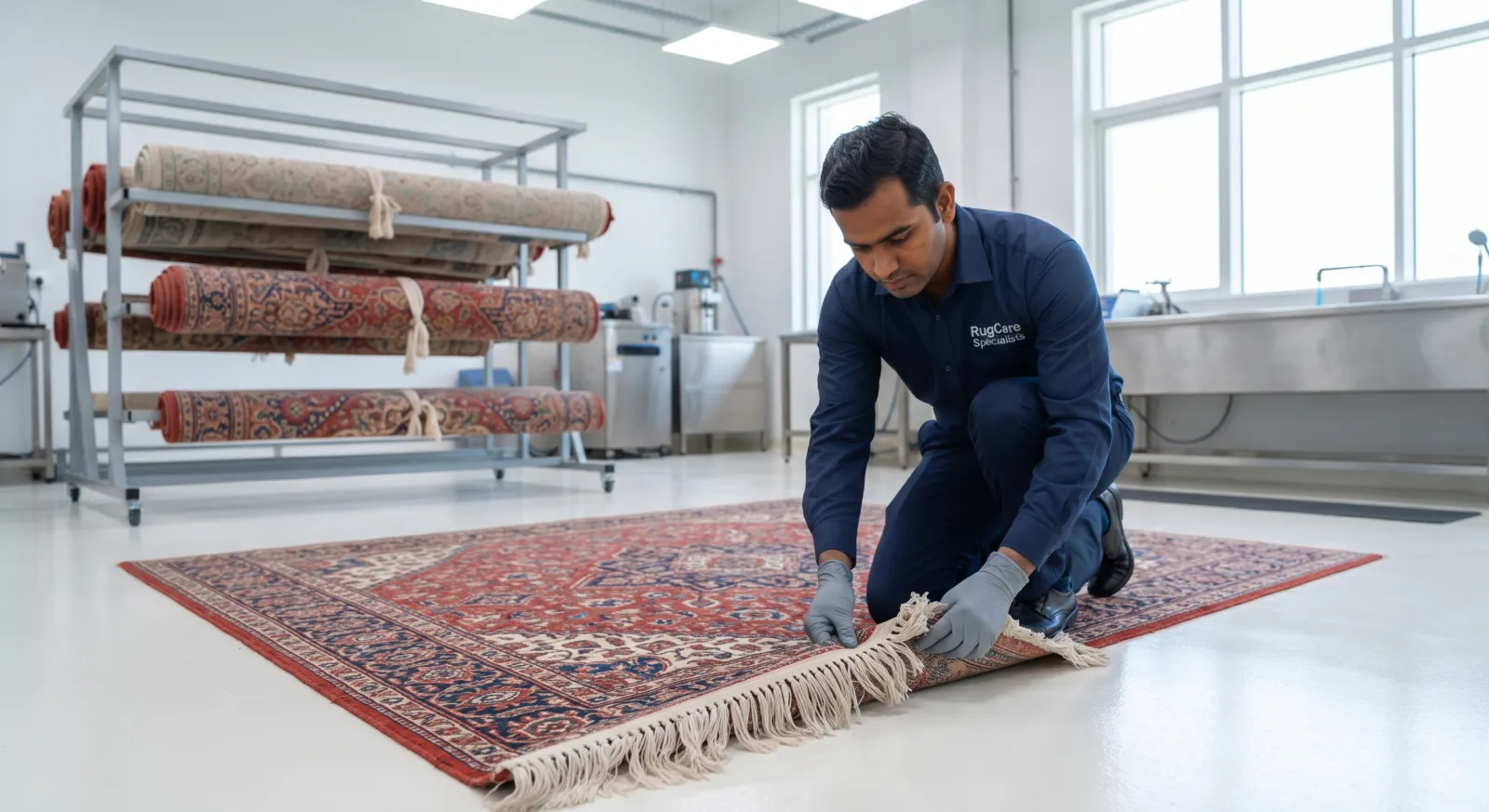 A team member checking a hand-knotted rug and its fringe by hand in our workshop
