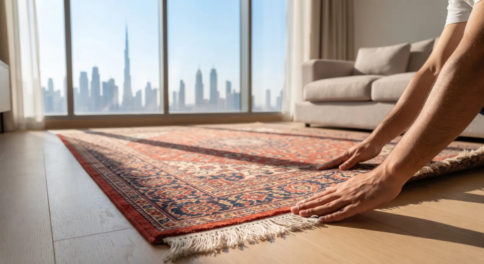 A clean patterned rug being unrolled on the floor of a Dubai apartment