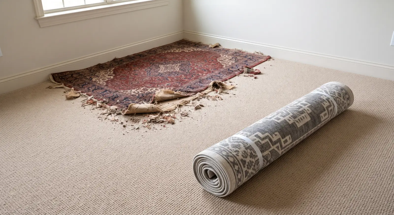 Fitted carpet that stays down, an old rug with a crumbling back set apart from a rolled rug ready to go