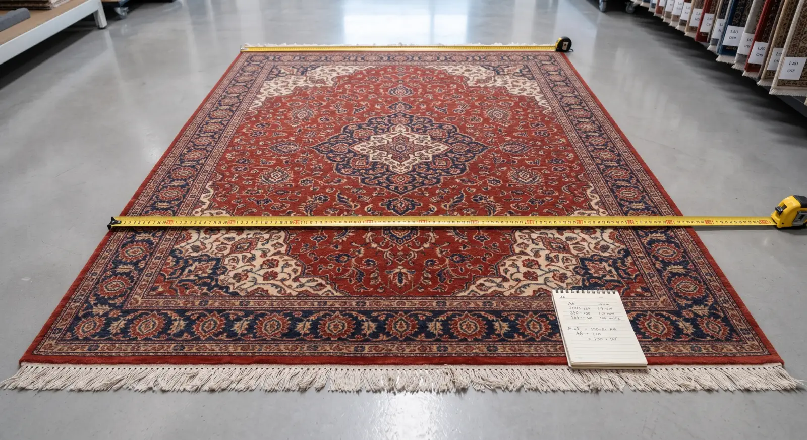 A patterned rug measured with tape measures along its length and width
