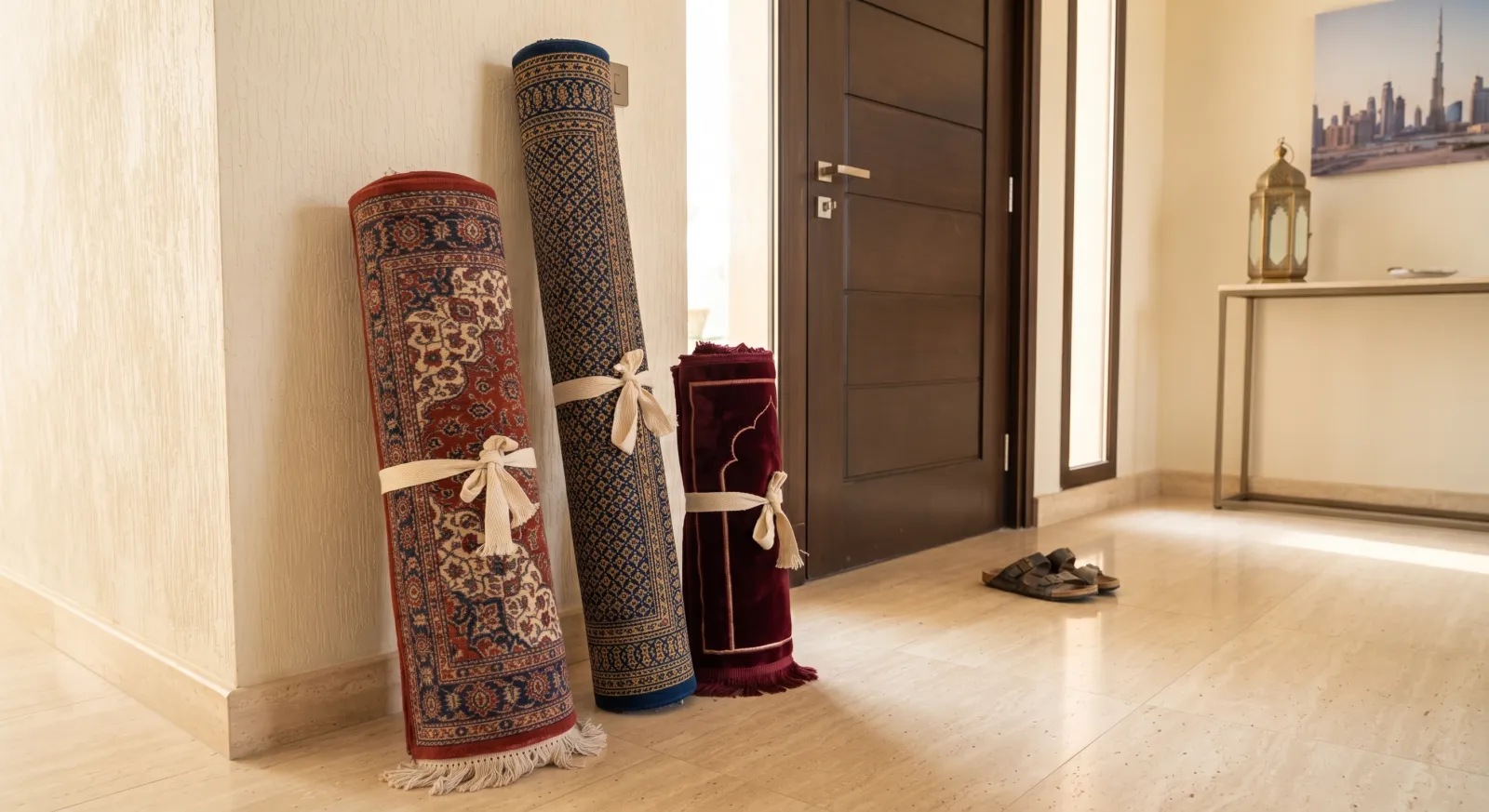 Rugs and a prayer mat rolled pattern-side in and tied, ready by the front door