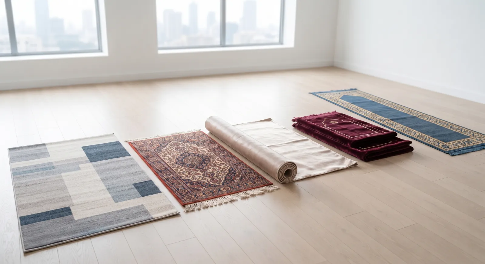 Clean rugs laid out: a modern rug, a Persian rug, a rolled rug, prayer mats and a runner