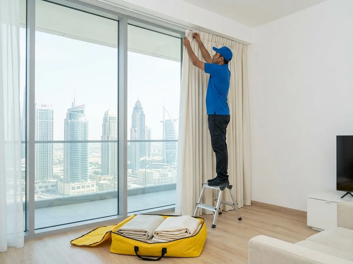 Our team member unhooking a long curtain in a Dubai apartment, with a folded one in the bag below
