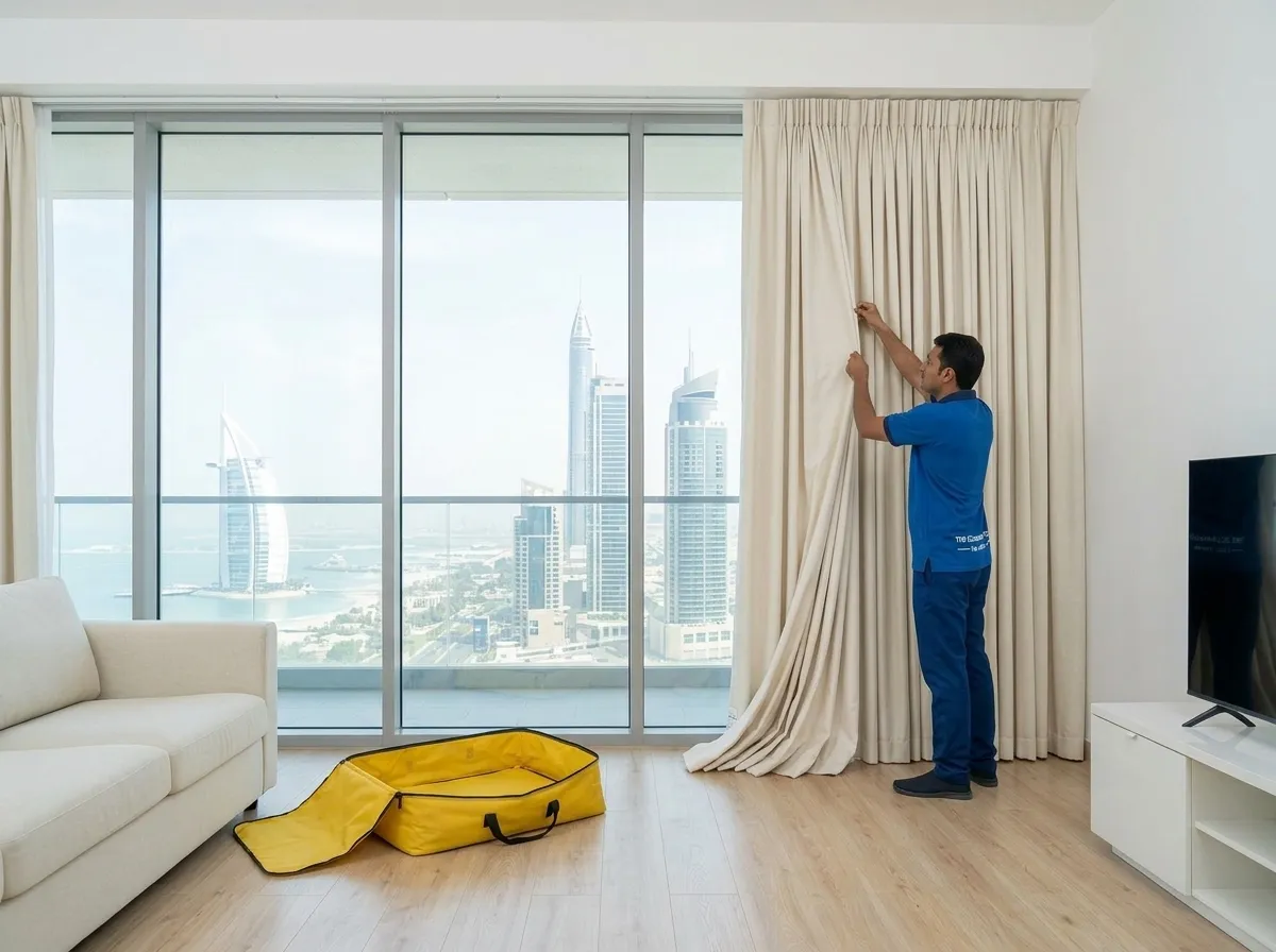 Our team member re-hanging a clean curtain by a window overlooking Dubai