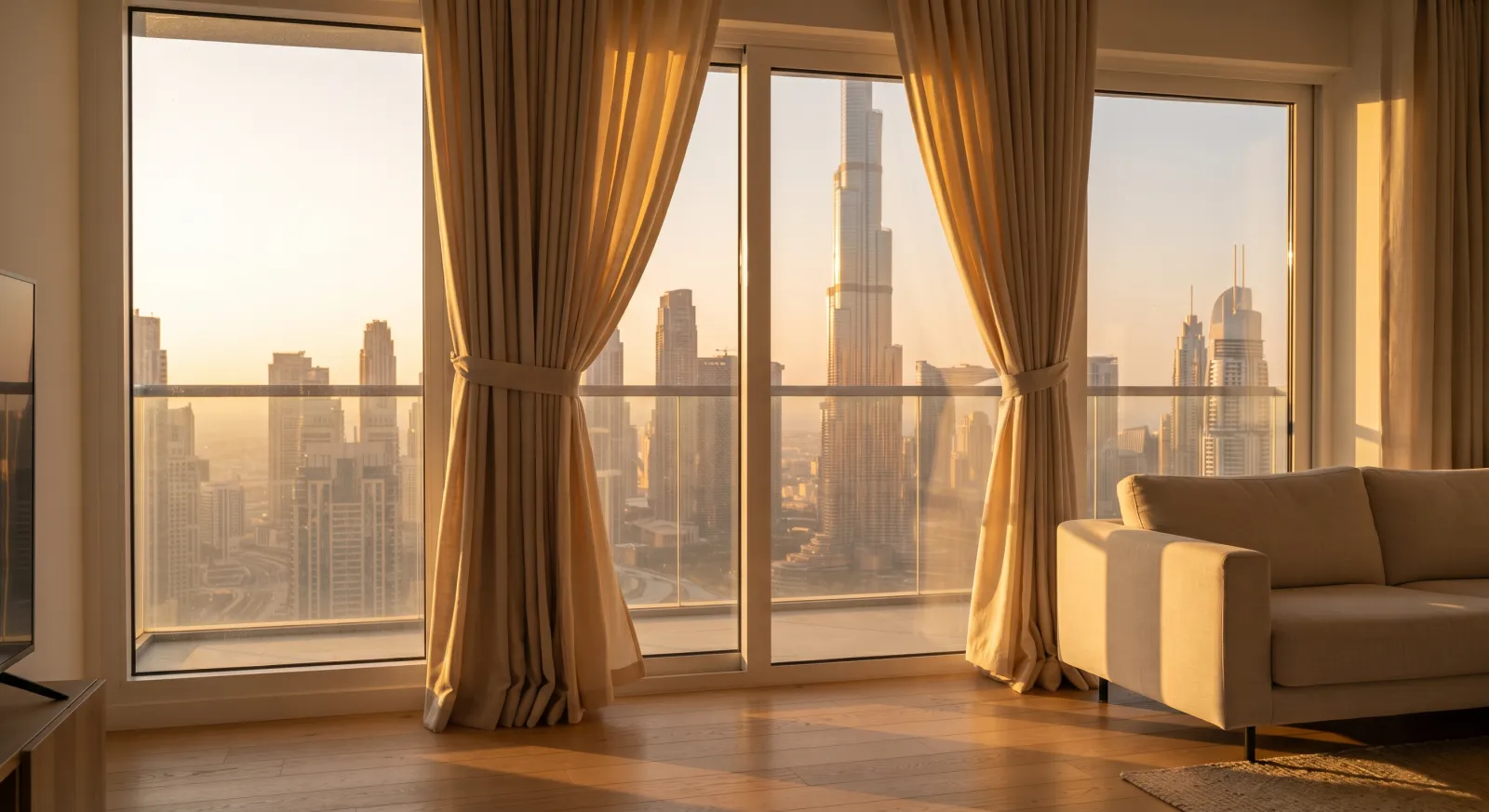 Lined curtains glowing in the afternoon sun in a high-rise Dubai apartment, with Downtown outside