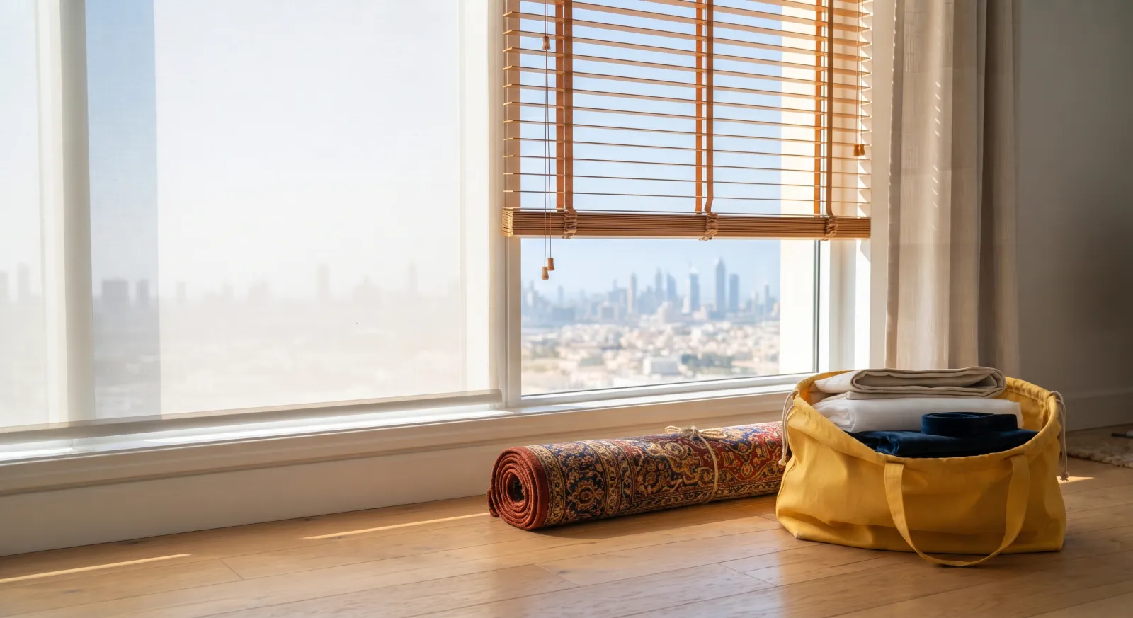 A roller blind and a wooden Venetian blind left on the window, a rug kept apart from the bag of curtains