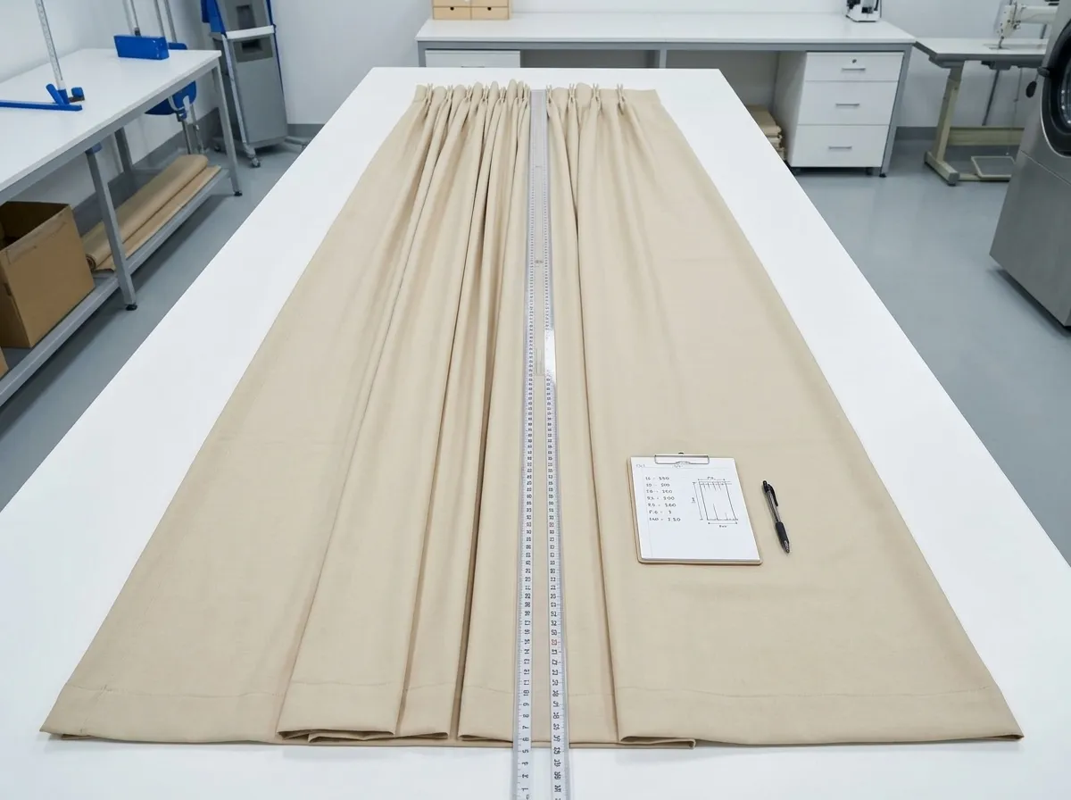 A curtain panel laid flat and measured with a tape on a work table
