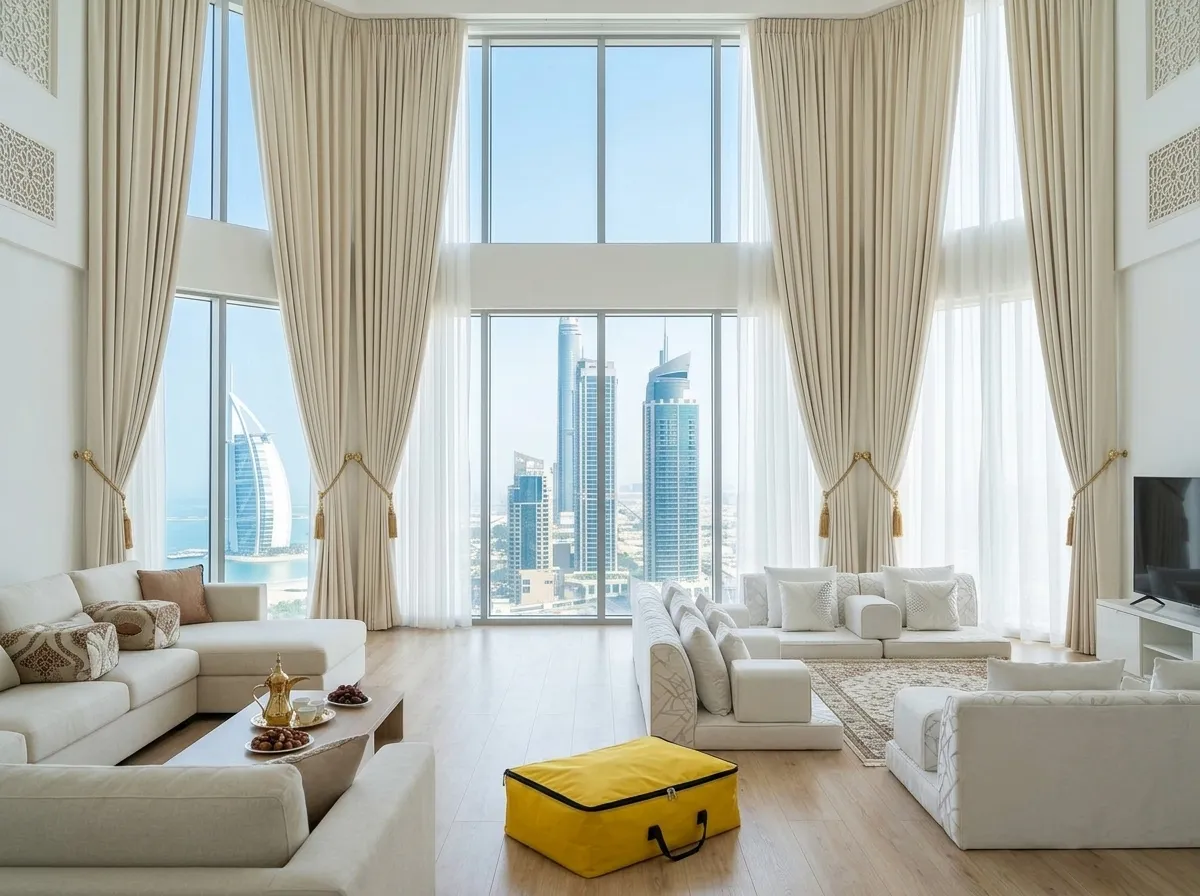 A bright Dubai living room dressed in long lined drapes and white sheers with tie-backs
