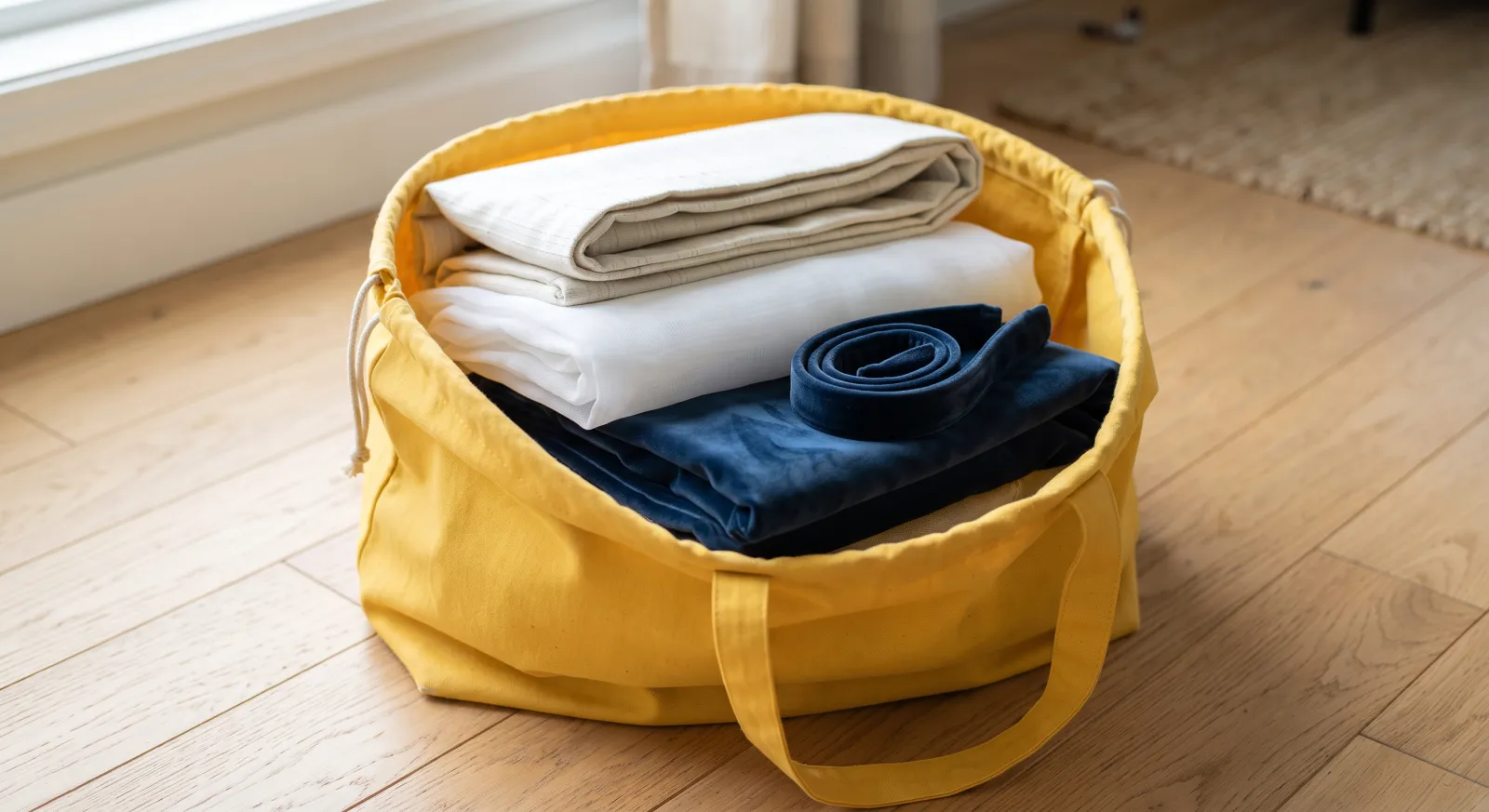 Folded curtains, a sheer and a velvet panel going into a laundry bag