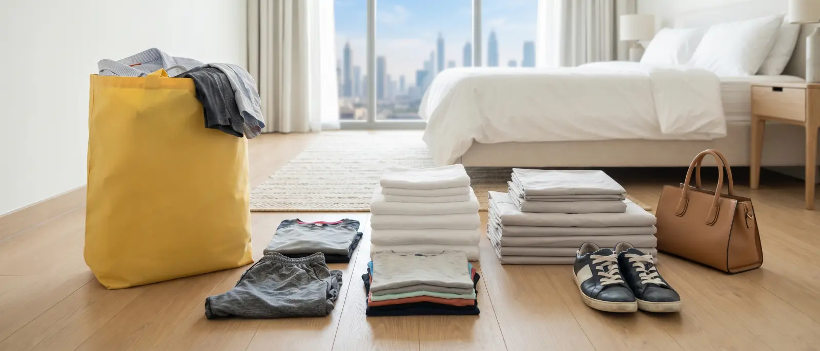 Gym kit, towels, sheets, trainers and a handbag set apart from the dry cleaning bag