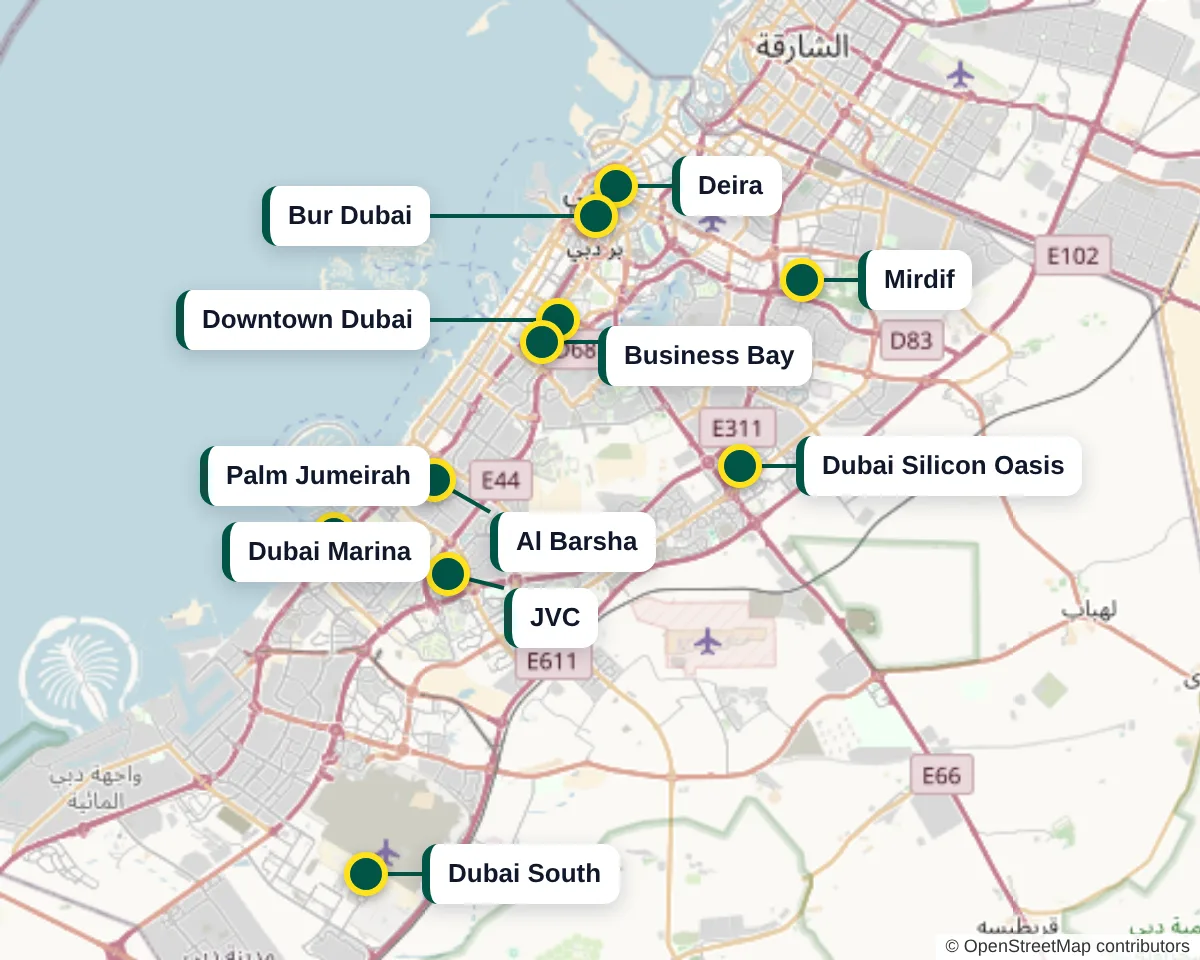 Map of Dubai with some of the areas we collect from marked, from Deira to Dubai South