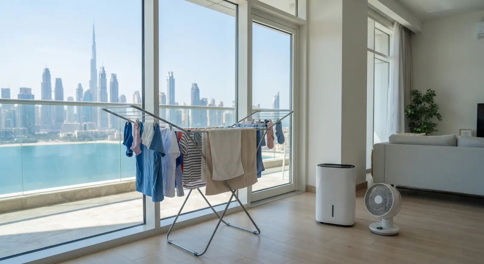 A clothes rack of drying shirts and towels by a big window in a Dubai apartment, with a dehumidifier and a fan