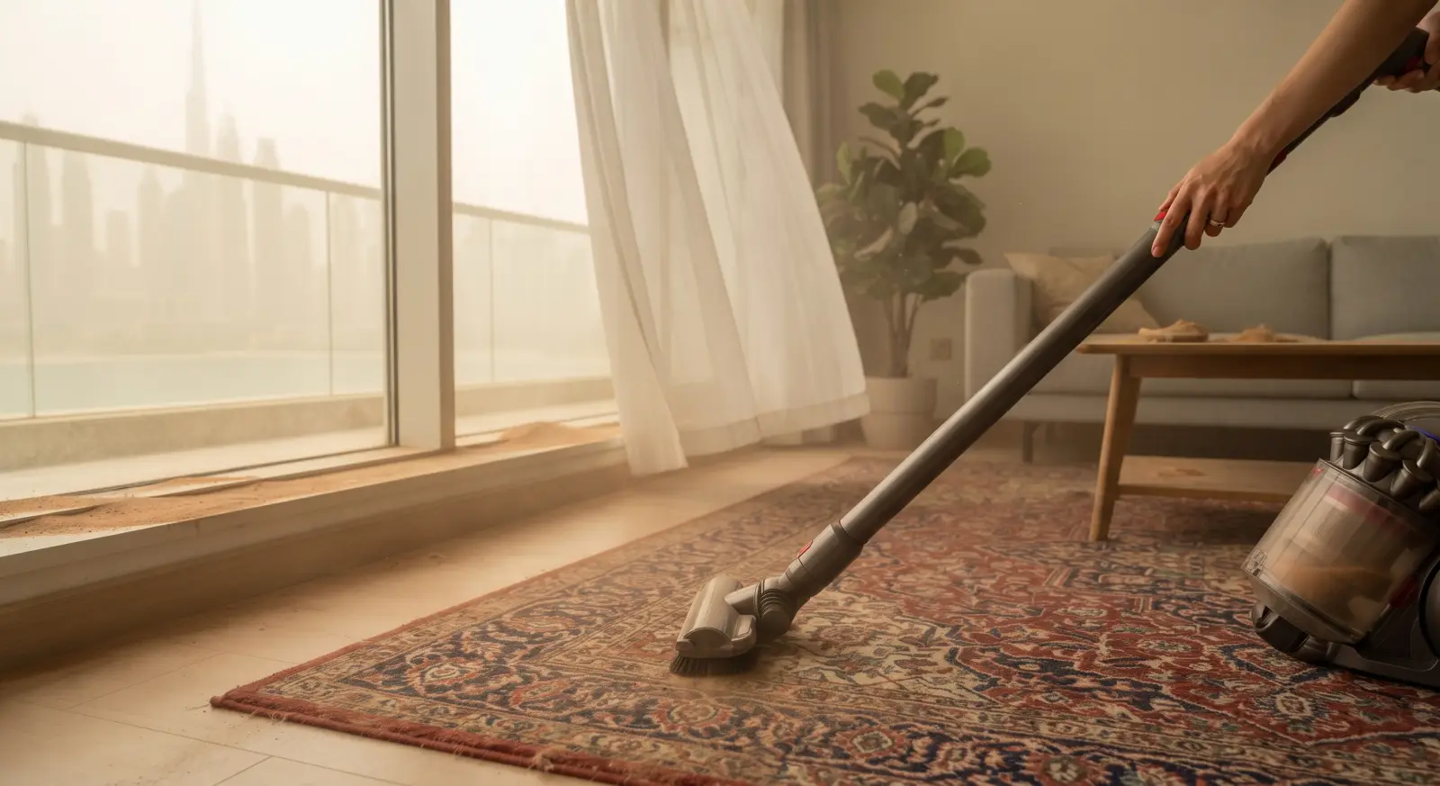 A rug being vacuumed by sheer curtains in a hazy Dubai living room