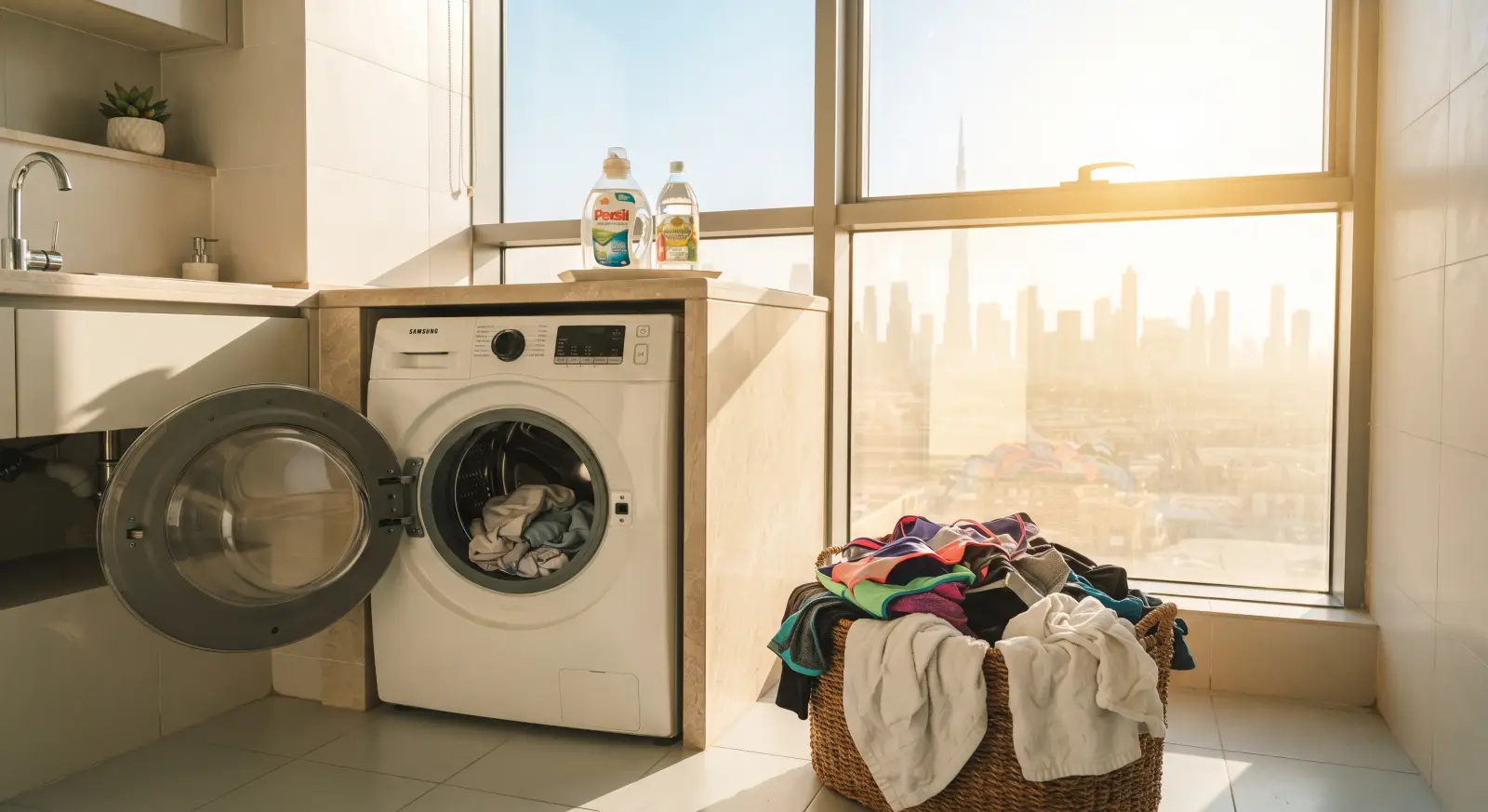A washing machine and a basket of gym kit and towels in a sunny Dubai laundry corner