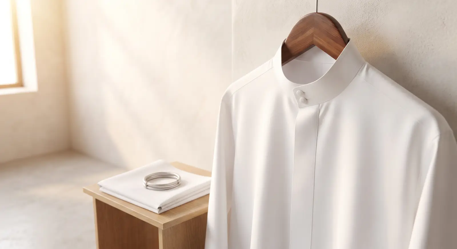 A bright white kandura on a wooden hanger, with a folded ghutra on the table below