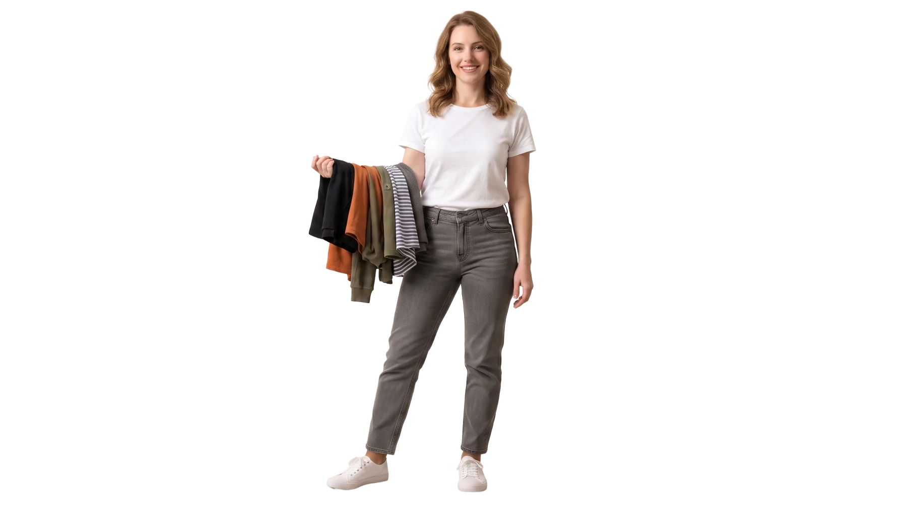 A customer carrying an armful of clothes for the laundry