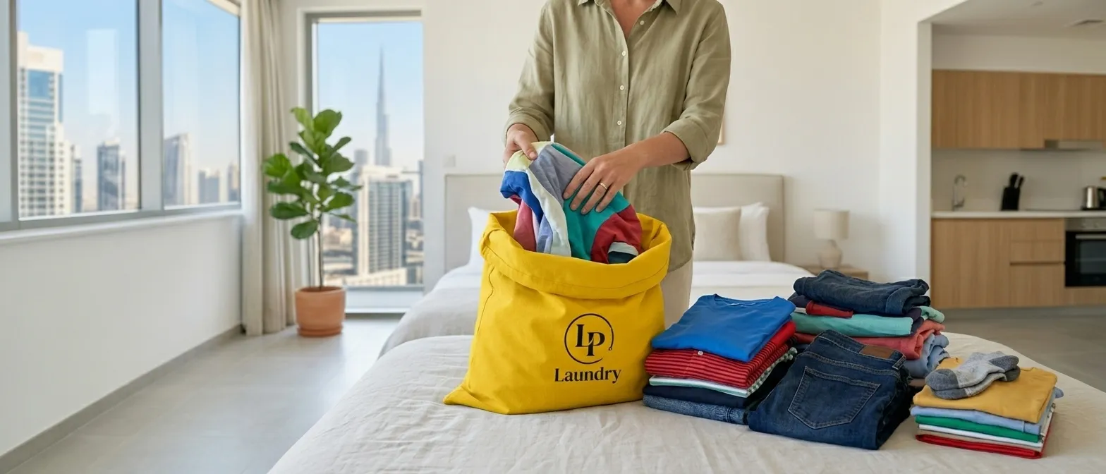 A host packing an LP Laundry bag on the bed of a Dubai apartment