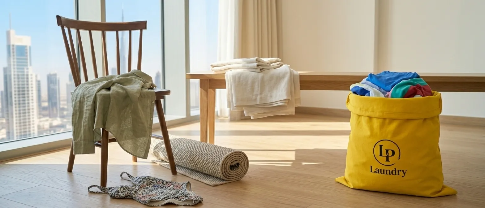 A rug, a shirt and swimwear kept to one side while the packed LP Laundry bag stands apart