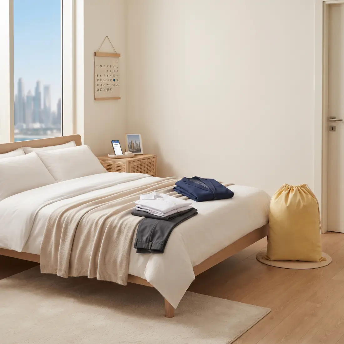 A tidy Dubai bedroom with folded clothes on the bed and one laundry bag by the door