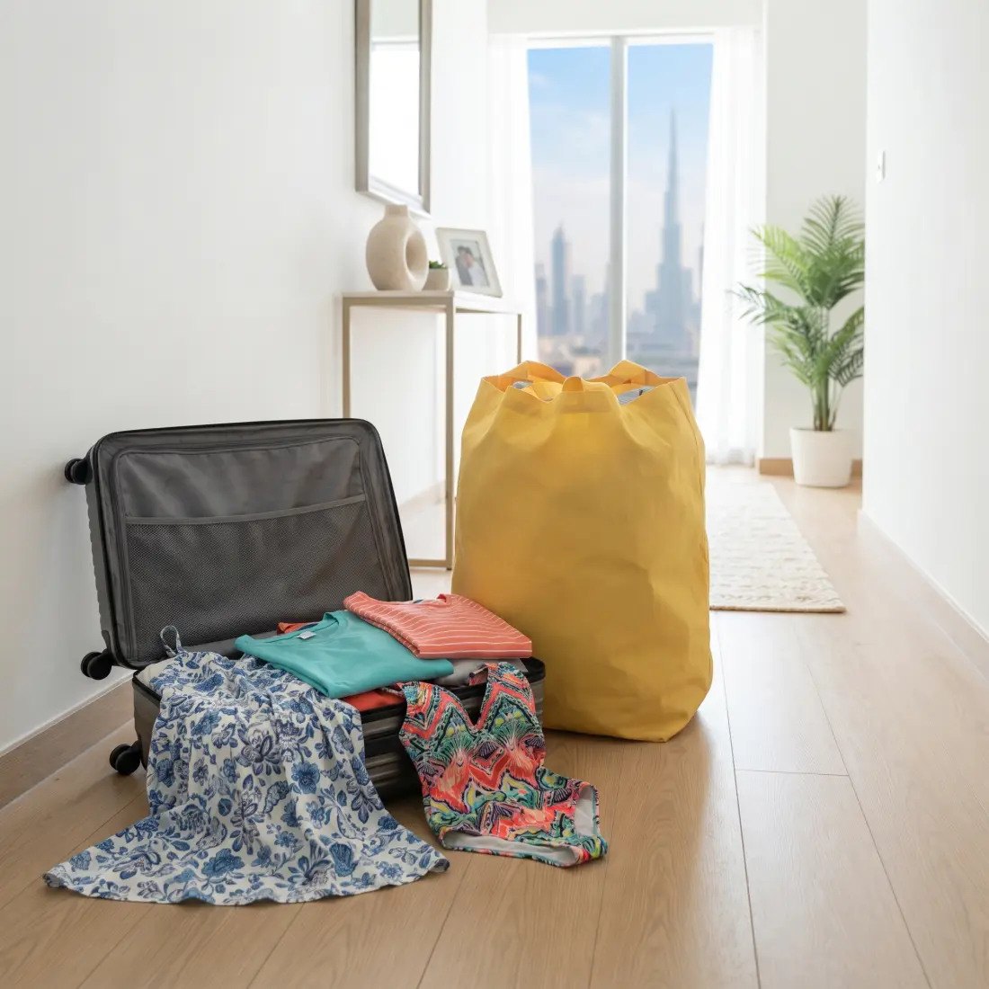 A suitcase just back from a trip next to one full laundry bag