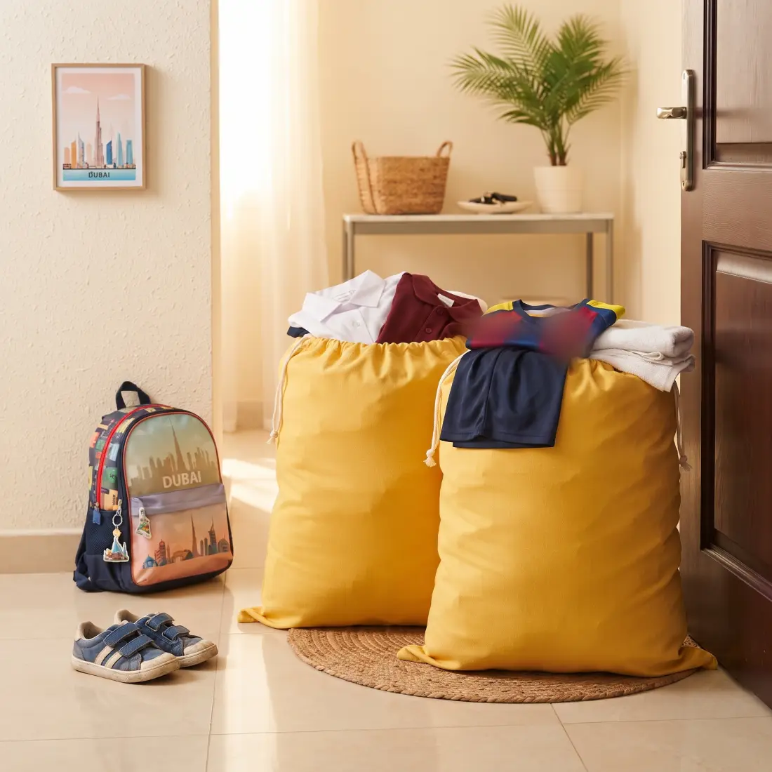 Two full laundry bags of school uniforms, sports kit and towels by a family front door