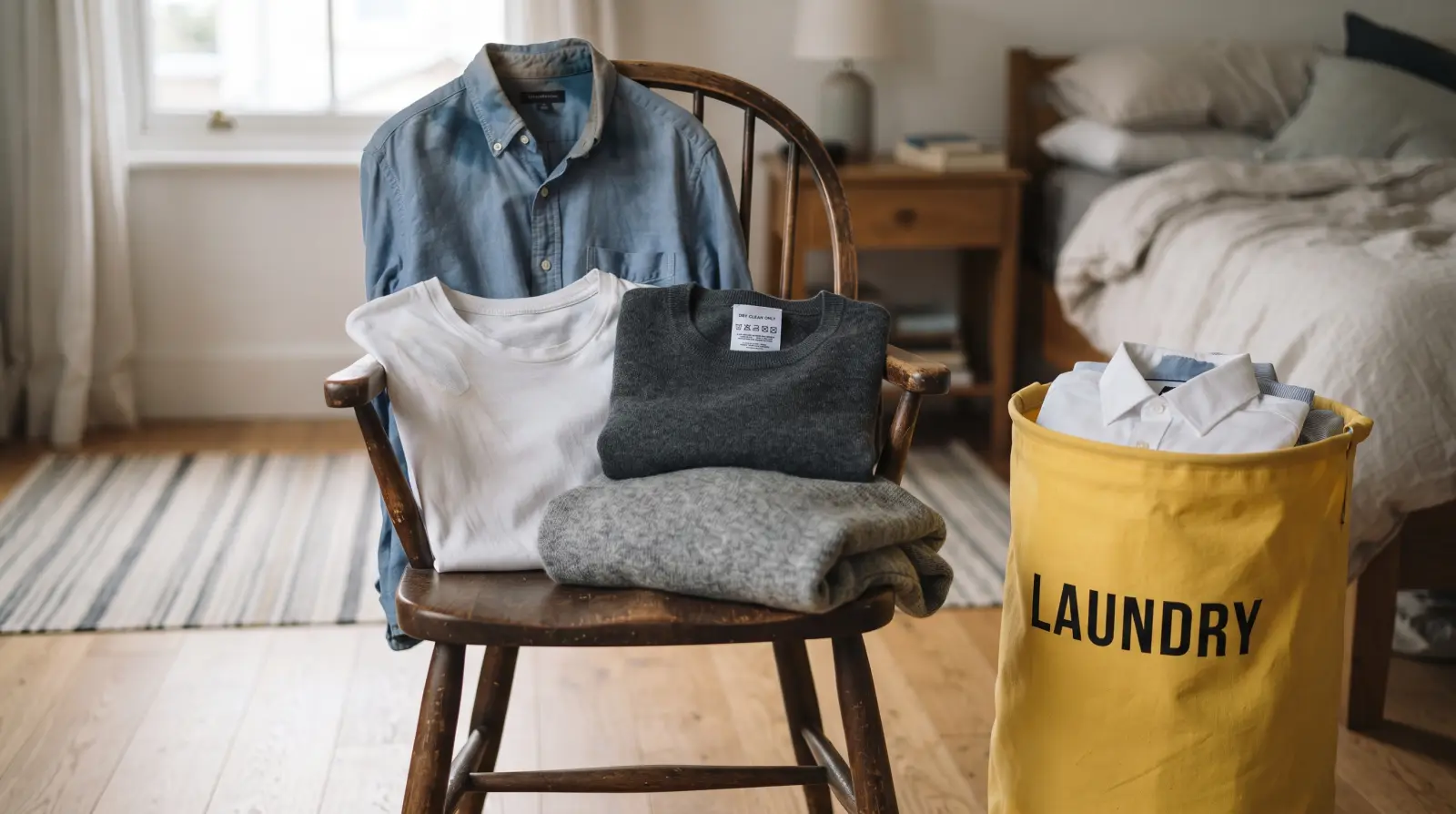 Worn clothes and a knit jumper kept on a chair, apart from the bag of clean shirts