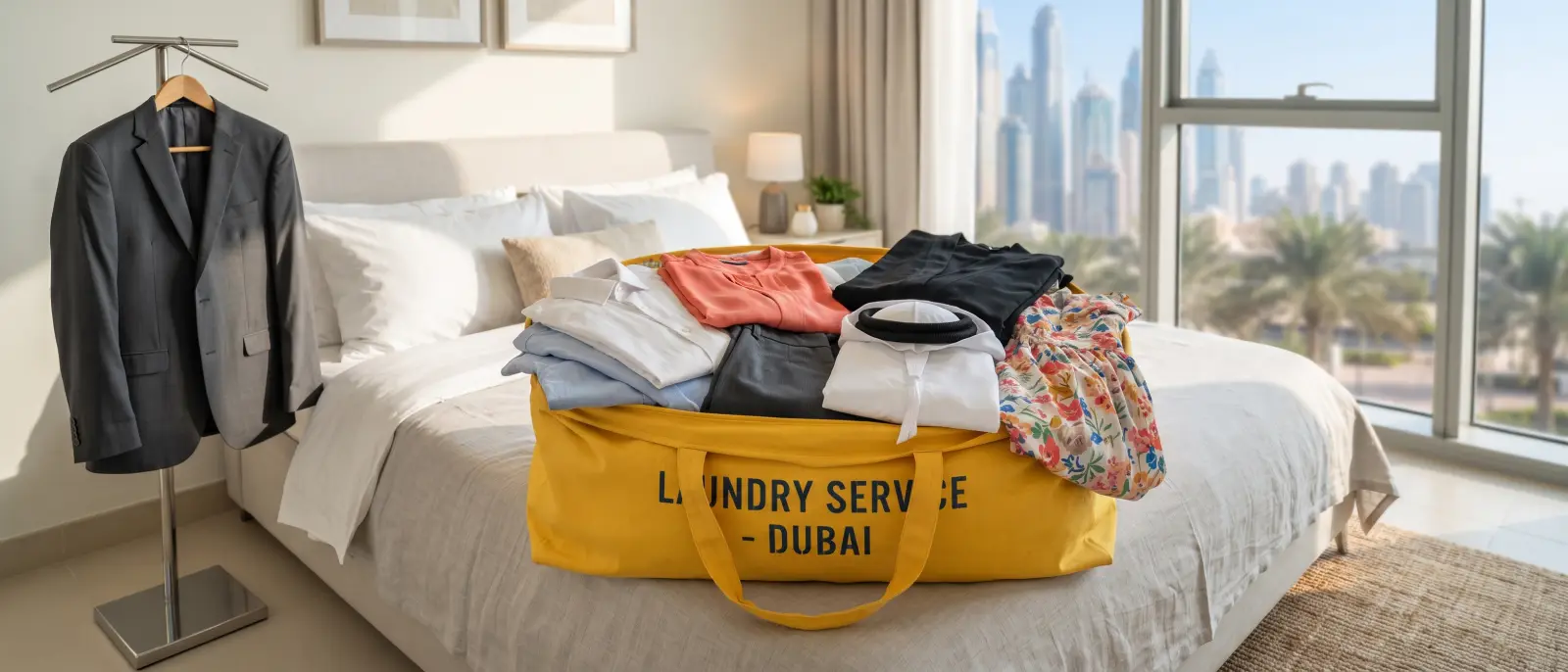 A laundry bag on a bed packed with clean, creased shirts, a kandura, an abaya and a dress, with a suit jacket on a stand