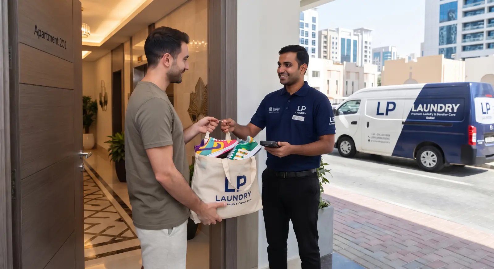 A customer handing a bag of shoes to our driver at the door, with the LP Laundry van outside