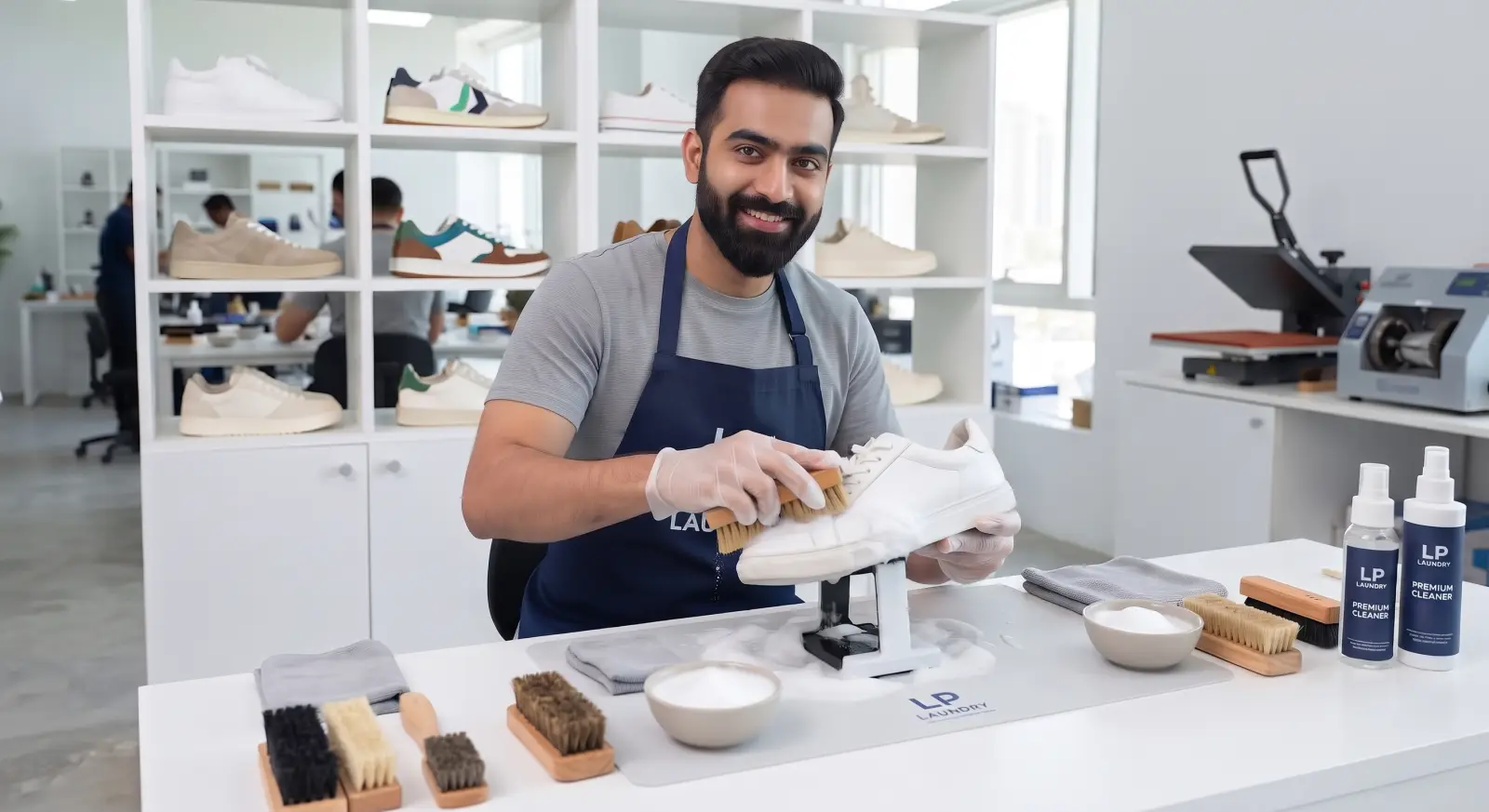 A team member cleaning a white sneaker by hand with a soft brush