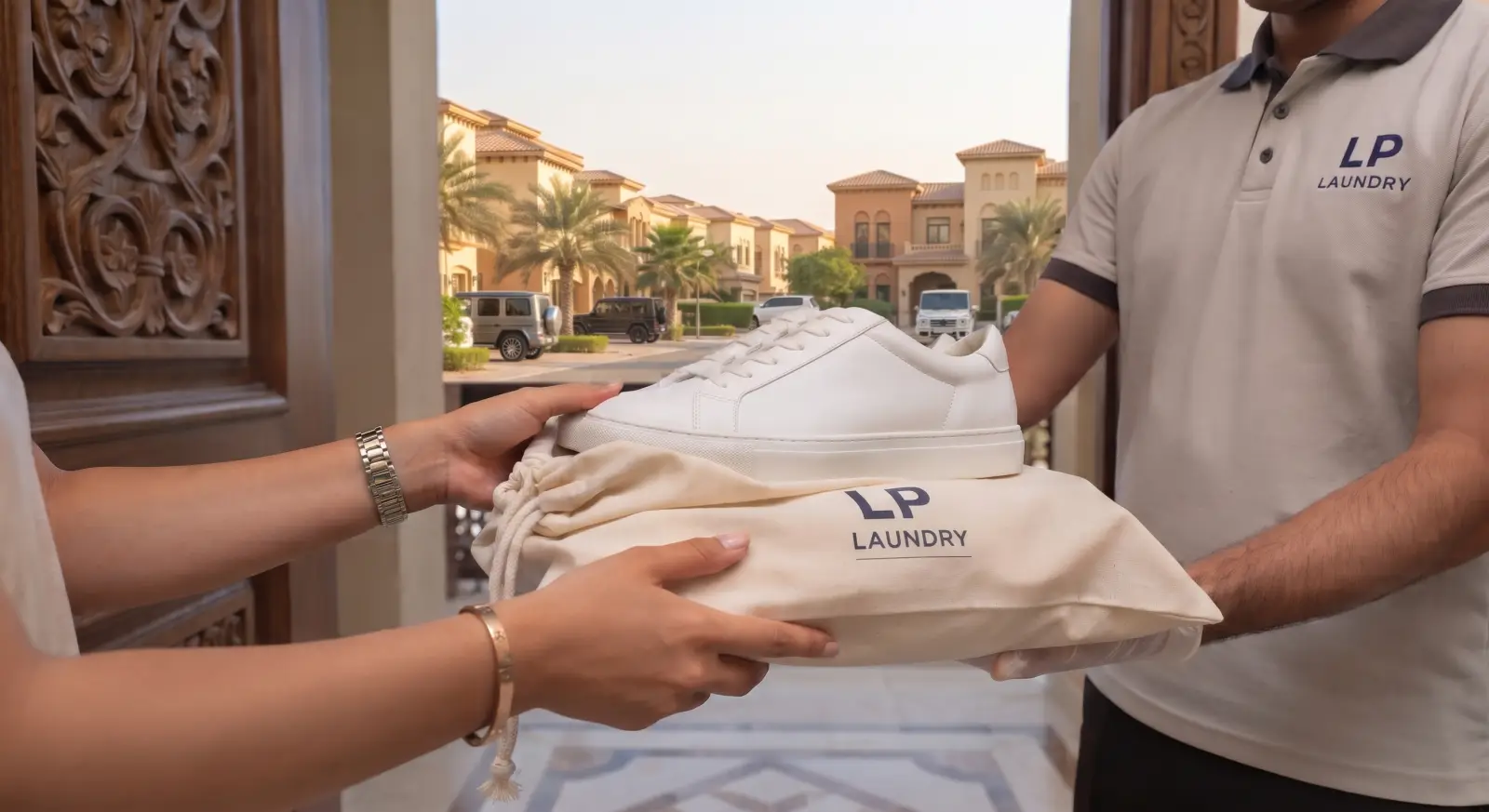A clean white sneaker handed back at the door in an LP Laundry bag