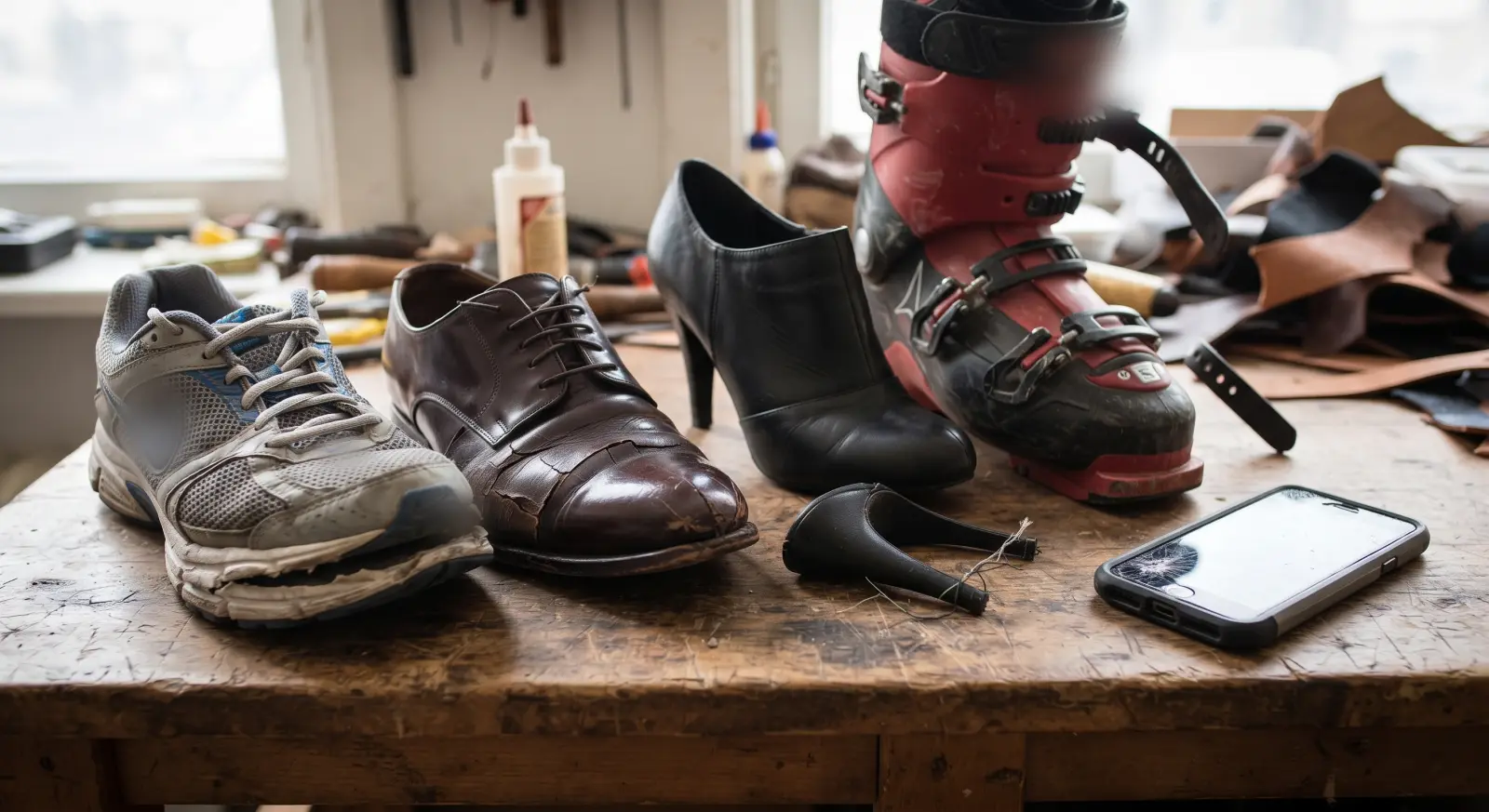 Shoes to check first: a sneaker with its sole coming off, cracked leather, a loose heel and a ski boot, next to a phone