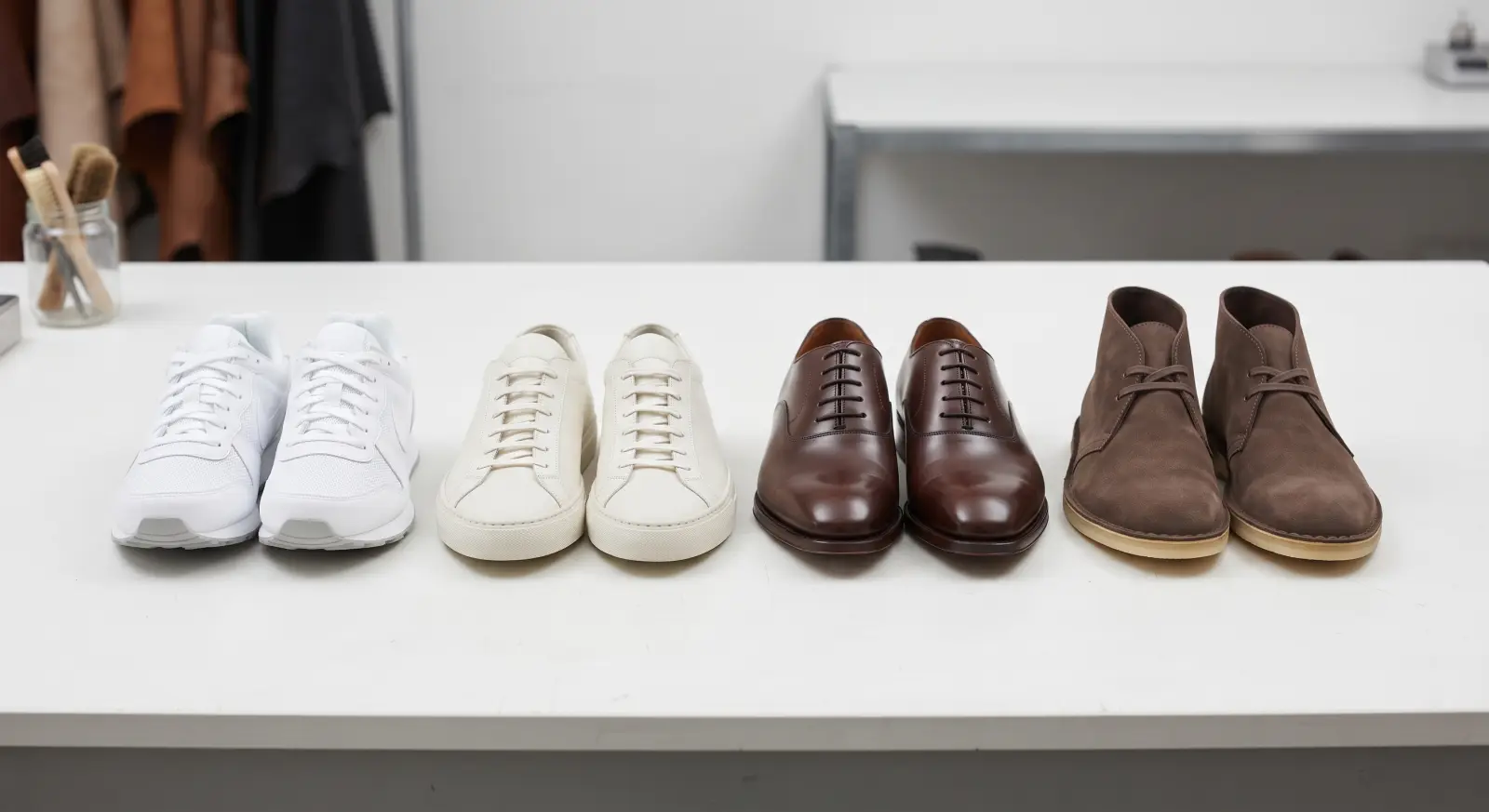 Four clean pairs on a bench: sneakers, designer sneakers, leather shoes and suede shoes