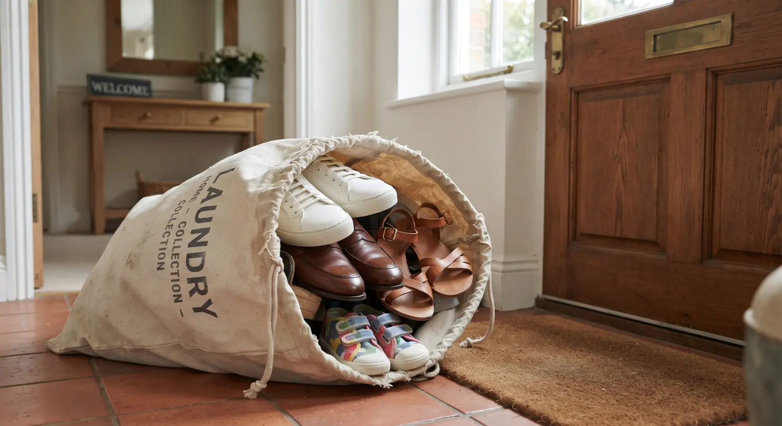 A laundry bag of shoes ready by the front door