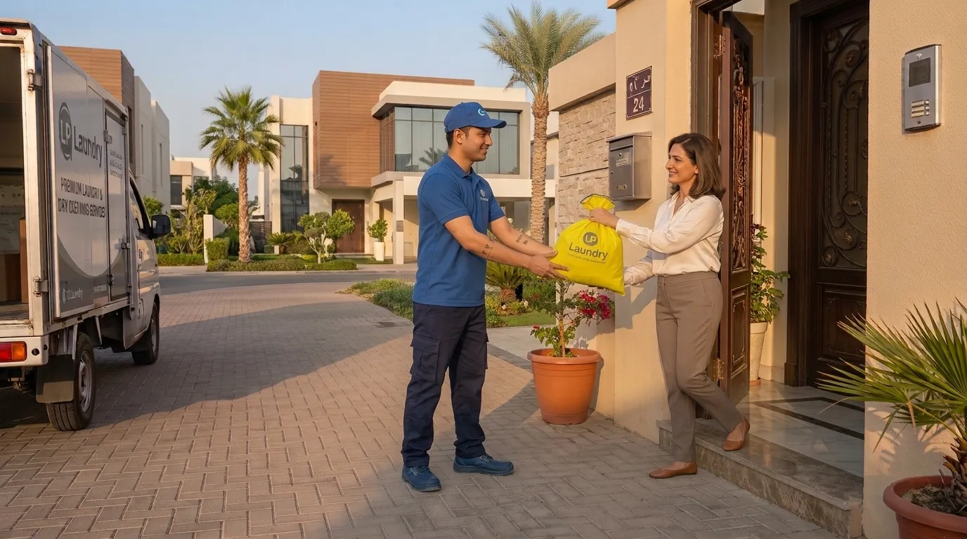 A customer handing her laundry bag to an LP Laundry driver at her villa door