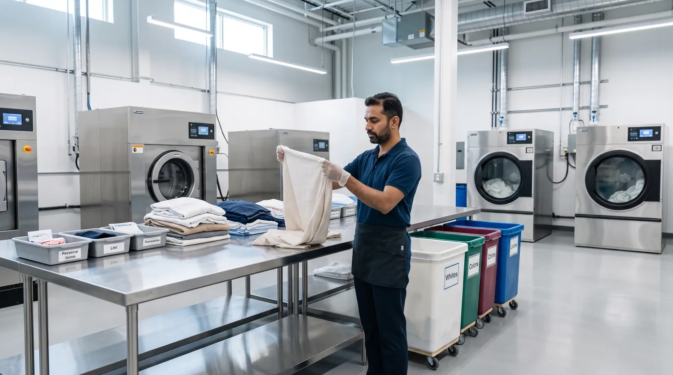 A team member checking laundry by hand before washing, with bins sorted for whites and colours