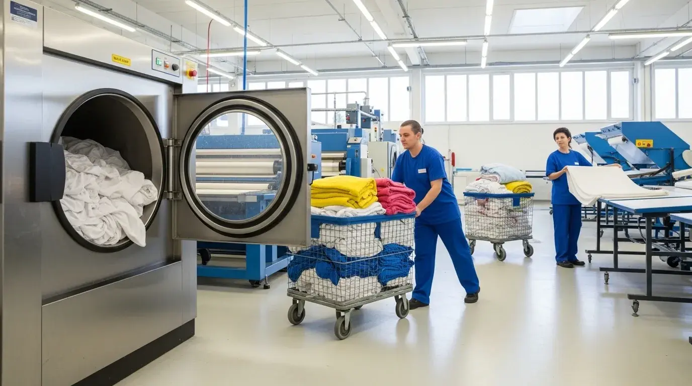 Sorted towels and bed linen waiting beside large washers