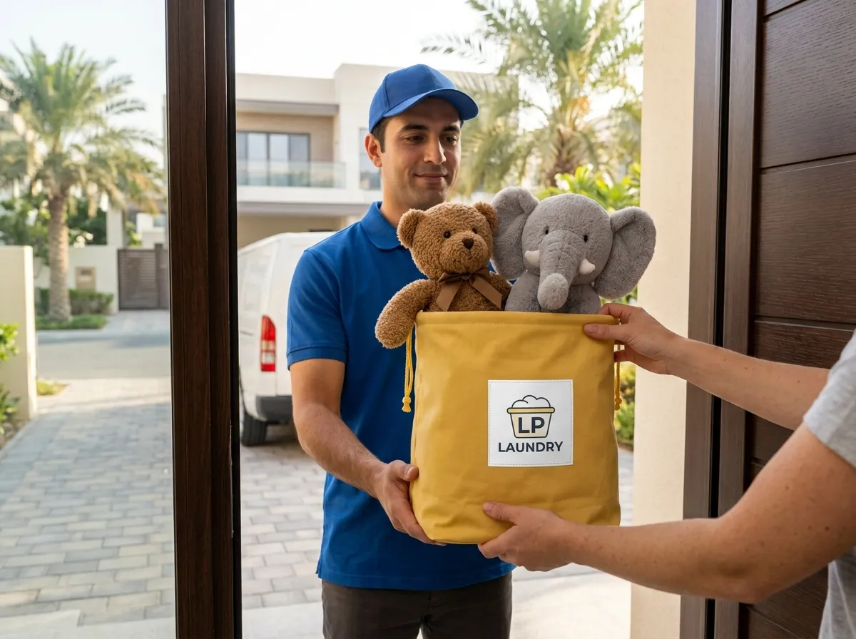A parent handing a bag of soft toys to an LP Laundry driver at the door