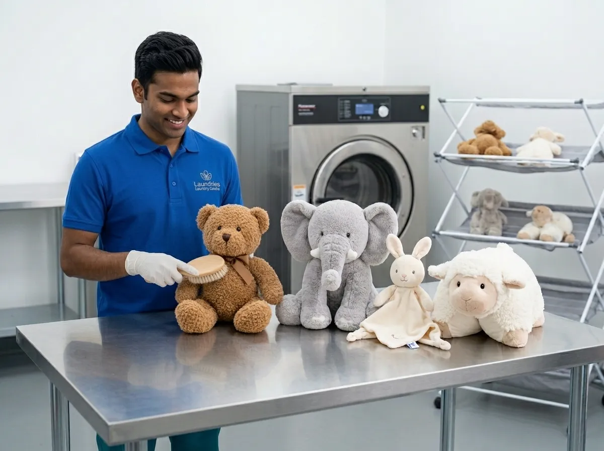A team member brushing a teddy bear by hand, with clean soft toys lined up on the table